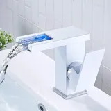 LED-Wasserfall-Badezimmerarmatur, leuchtender Wasserfall-Wasserhahn, weißer Warm- und Kaltwasser-Badezimmer-Waschtischhahn
