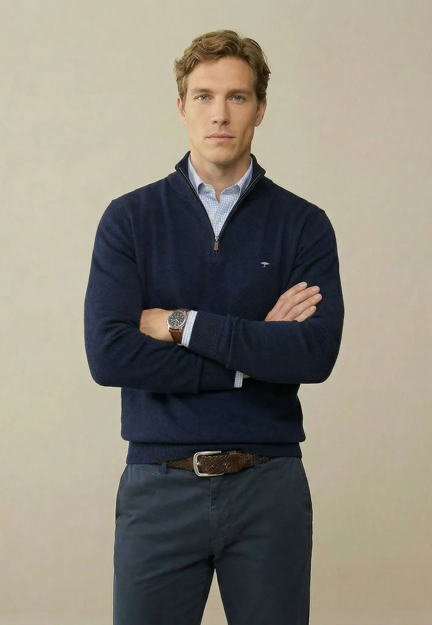 Troyer FYNCH-HATTON, Herren, Gr. XL (54), blau (navy), Strick, Obermaterial: 100% Baumwolle, bestickt, unifarben, bequem hüftbedeckend, Rundhals, Bündchen, Pullover Troyer, mit Logostickerei, mit Reißverschluss, mit Stehkragen