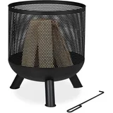 Relaxdays Feuerkorb, Mesh Design, Feuerrost, Schürhaken, Feuer im Garten, Feuertonne, Stahl, HxD: 53 x 44 cm, schwarz