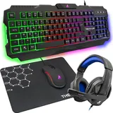 4-in-1-Gaming-Paket - Beleuchtete QWERTZ-Gamertastatur, 3200-DPI-Gamermäuse, Gaming-Headset, rutschfeste Mausunterlage - für PC PS4 PS5 und Xbox One - Schwarz