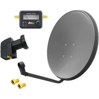 60cm HD Sat Anlage Twin LNB + Satfinder + 2 F-Stecker Digital 2 Teilnehmer Antenne grau UHD 4K