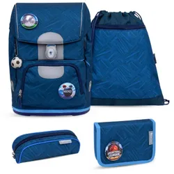 Belmil Motion Schulranzen Set 5-teilig Blue Motion mit Brustgurt, Hüftgurt, Magnetverschluss, Patch Set 6 Stück Blue Motion Schulranzen Set