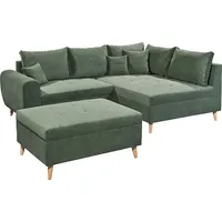 Lomadox Ecksofa mit Hocker und 8 Kissen in grün, L-Form mit Recamiere rechts, Serie CUNEO-09 - Grün