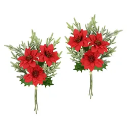 Kunstblumenstrauß I.GE.A. "Strauß Poinsettia/Tannenzweige", rot, B:17cm H:37cm L:12cm, Polyester, Kunstpflanzen, 2er Set Weihnachtsdeko Weihnachtsblume Sträuße Dekoblumen Christstern