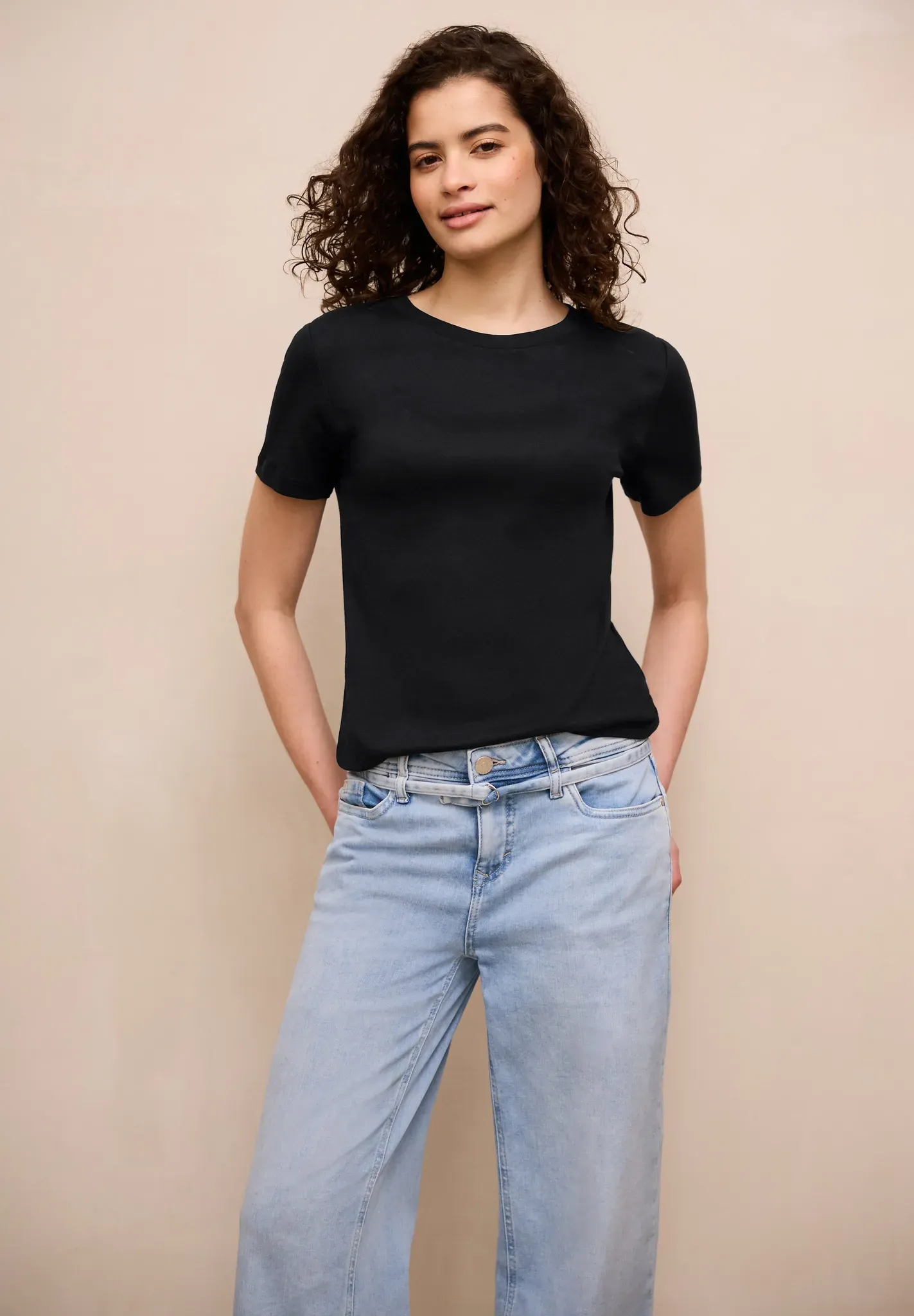 T-Shirt STREET ONE STUDIO, Damen, Gr. 46, schwarz, Web, 50% Baumwolle, 50% Modal, unifarben, normal normal, Rundhals, abgesteppt, Shirts T-Shirt, Rundhalsausschnitt