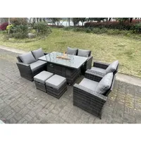 Polyrattan Gartenmöbel Set Gasfeuerstelle Rechteckiger Esstisch Gasheizgerät Sessel Liebe Sofa Sets Mit Hocker 8-sitzer - Fimous