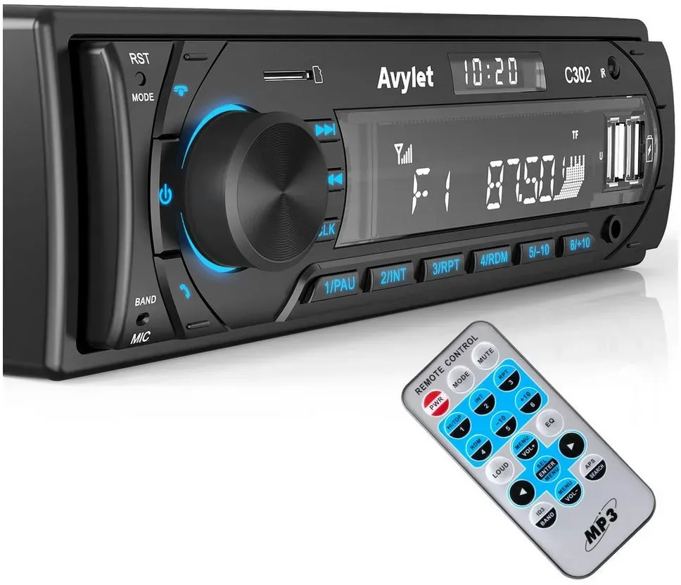 Avylet Autoradio Bluetooth mit 1 Din mit 2 USB/AUX/SD Karte/MP3-Player Autoradio (Hände frei,LCD mit Uhr,Anpassen des EQ-Sounds,Stromausfall speicher, Kompatible mit Lautsprecher, Smartphone,Android und iOS) schwarz