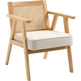 HOMCOM Sessel Wohnzimmer Relaxsessel mit Armlehnen, Sitzkissen, Loungesessel mit Rattan-Rückenlehne, Lesesessel mit Leinen-Optik, Holzrahmen, Polstersessel für Schlafzimmer Creme   Aosom