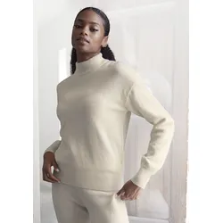 Strickpullover LASCANA, Damen, Gr. 36/38, beige (creme), Strick, Obermaterial: 52% Polyester, 44% Polyacryl, 4% Elasthan, unifarben, meliert, klassisch, bequem hüftlang, Langarm Rippbündchen, Pullover, mit Stehkragen und Rippbündchen, Loungewear