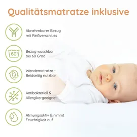 Kids Collective Babybett Kinderbett Gitterbett 60x120 und 70x140 cm mit Matratze höhenverstellbarer Lattenrost & herausnehmbare Sprossen stabiles ... | weiß