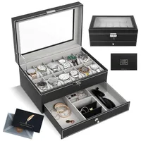 SAMISO Uhrenbox,2-stöckige Uhrenkasten mit Glasdecke,mit Schublade Luxus-Uhrenkasten,Uhr Aufbewahrungsbox,Uhrenbox aus Leder mit 12 Fächern,Watch Case, Jewelry Box
