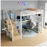 stilvora Hochbett 140 X 200 Cm Mit Stauraumtreppe, Schreibtisch, Led, Usb Und Usb-c, Ohne Matratze, Aus Metall, Weiß