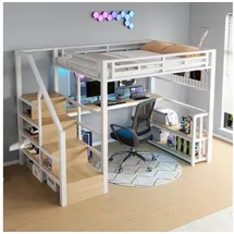stilvora Hochbett 140 X 200 Cm Mit Stauraumtreppe, Schreibtisch, Led, Usb Und Usb-c, Ohne Matratze, Aus Metall, Weiß