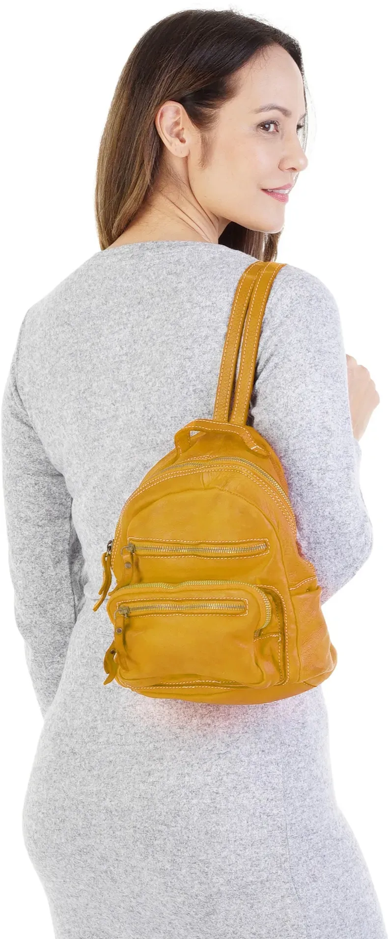 Cityrucksack CLUTY, Damen, Gr. B/H/T: 27cm x 24cm x 6cm, onesize, gelb, Leder, Rindsleder, unifarben, Rucksäcke Cityrucksack, echt Leder, Made in Italy
