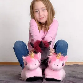 corimori Süße Plüsch Hausschuhe (10+ Designs) Einhorn „Rose“ Slipper Einheitsgröße 34-44 Uni Pantoffeln Rosa Pink Gold