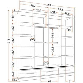 fabryka mebli idźczak Schwebetürenschrank Kleiderschrank 203 cm Weiß/Weiß semigloss mit Spiegel Florence - weiß