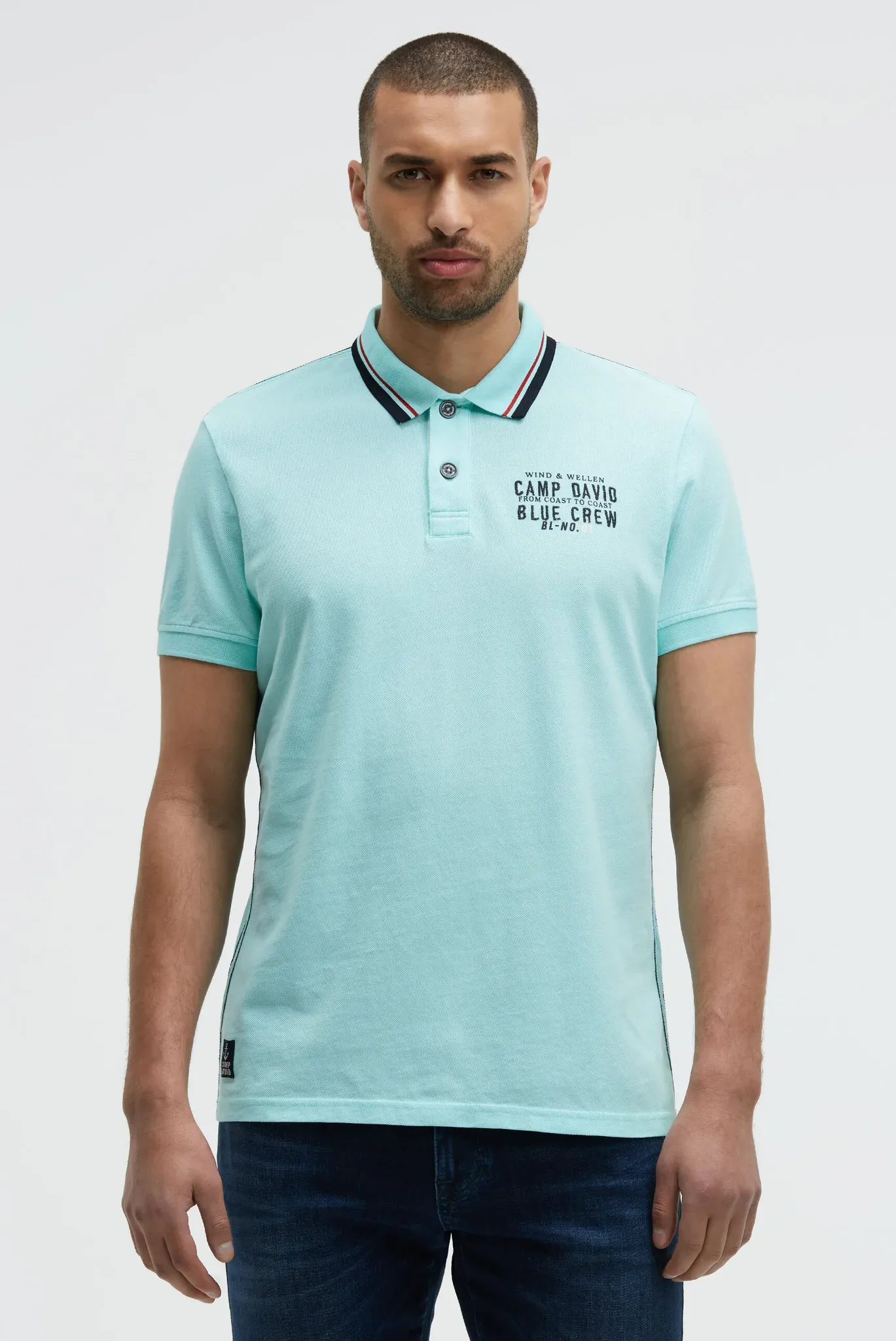 Poloshirt CAMP DAVID, Herren, Gr. L, blau, Piqué, Material: 100% Baumwolle, bedruckt, bestickt, regular fit normal, hoch geschlossener Ausschnitt, eingesetzt Rippbündchen, Shirts, aus Baumwolle