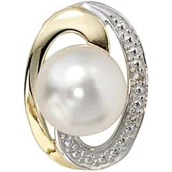 Perlen-Anhänger JOBO "Anhänger mit Perle", gelb (gelbgold 585), Schmuckanhänger, Damen, P1 = bei 10-facher Vergrößerung erkennbare Einschlüsse, Gelbgold 585-Diamanten-Perlen, Gelbgold 585, Diamanten, Perlen, 585 Gold bicolor mit Diamanten und Süßwasser-Zuchtperle