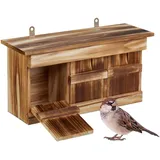 Relaxdays Nistkasten für Spatzen, 3 Brutkammern, Tannenholz, Einflugspalt HxB: 3 x 2 cm, Vogelhaus zum Aufhängen, braun
