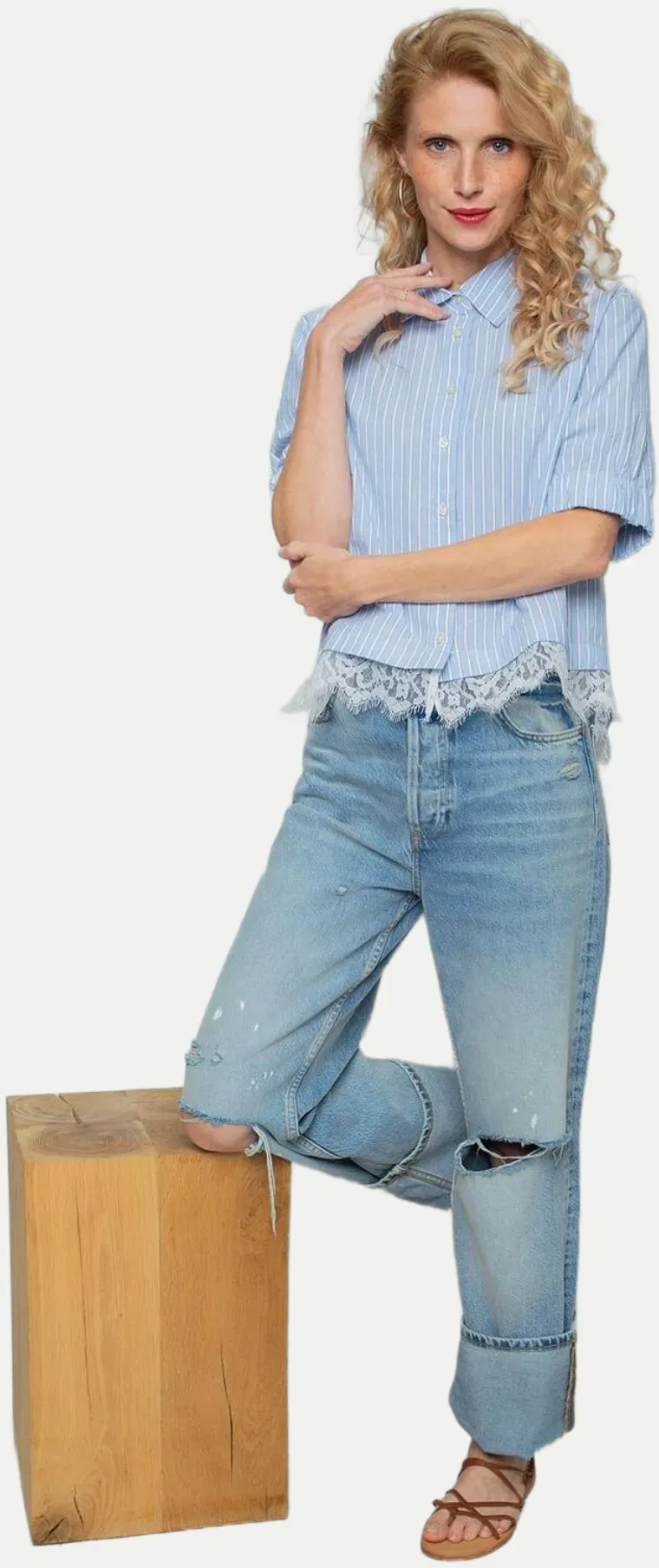 Streifenbluse mit Spitzensaum Blau 38