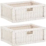 korb.outlet Set / 2 Regalkorb Weiss ca. 42x32x17 mit Holzrahmen Rattan Schubfach Box zur Aufbewahrung Schrankkorb Griff