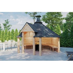 Finn Art Blockhaus Grillkota Elegance 9,2 offen, BxT: 383×329 cm, Schindeln grün, 6-eckig, Grillhütte mit Grillanlage, max. 9 Personen grün