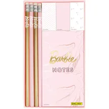 ONLINE USV-Systeme ONLINE Barbie Schreibset mit Bleistiften I Barbie Stifte mit Print I Hübsches Barbie-Design mit Stiften, Notepad und Sticky Notes I Inkl. Barbie Glitzer-Motiv für Kinder, ideal als Geschenk