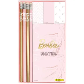 ONLINE USV-Systeme ONLINE Barbie Schreibset mit Bleistiften I Barbie Stifte mit Print I Hübsches Barbie-Design mit Stiften, Notepad und Sticky Notes I Inkl. Barbie Glitzer-Motiv für Kinder, ideal als Geschenk