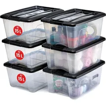 Iris Ohyama Aufbewahrungsboxen mit Deckel, 15L, 6er-Set, Transparent, Sicherer Verschluss, Stapelbar, Griffe, Schlafzimmer, Schrank, Büro,