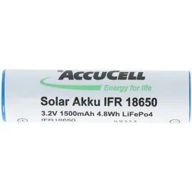 AccuCell 3,2 Volt Solar Akku Lithium 18650 IFR LiFePo4 Akku Flat Top ohne Kopf ungeschützt 64,5x18mm, 1100mAh - 1400mAh