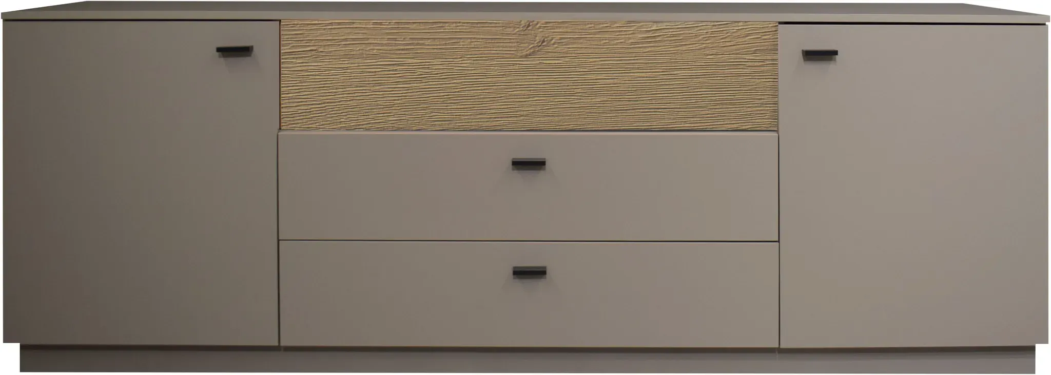 Lowboard MÄUSBACHER, taupe matt lack nb, eiche massiv geschruppt, B:207cm H:72cm T:45cm, Holzwerkstoff, Sideboards, Lowboard, B/H/T: 207x72x45, inkl. Beleuchtung