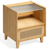 Navaris Nachtschrank aus Bambus mit Rattan Look - Nachttisch mit Schublade und Glas Oberfläche - Beistelltisch Boho - Nachttisch Wiener geflecht - kleine Kommode Braun