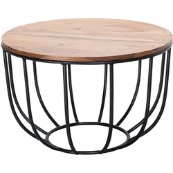 Industrial Couchtisch aus Sheesham Massivholz, Rustikaler Stil, Metallgestell, Korbdesign. 60x60x39 cm | Kadima Design