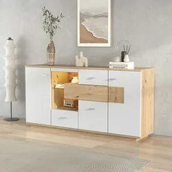 Merax Modernes Sideboard-Schrank mit viel Stauraum, mit LED-Beleuchtung, Glasablage, Holzoptik, Organizer, Kommode