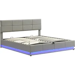 Merax Polsterbett, LED hydraulisches Doppelbett 180x200cm mit USB-Aufladen Kunstleder Erwachsenen Jugendbett Hellgrau