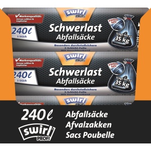 Swirl PROFI Schwerlast-Abfallsäcke, Extrem reißfest & tropfsicher durch stabile 3-Schicht-Folie, 1 Karton = 9 x 5 Stück = 45 Stück, Fassungsvermögen: 240 l