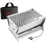 ovicue Grill groß L | Mobiler Steck-Gasgrill – Tragbarer Edelstahlgrill mit Stecksystem – Gas- & Holzkohlebetrieb – Inkl. Tragetasche – Pe... - Silber
