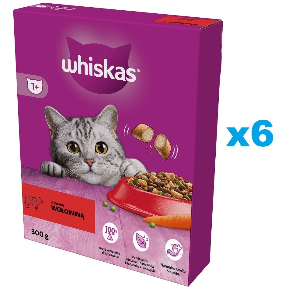 WHISKAS Adult 6x300g Trockenfutter für ausgewachsene Katzen mit leckerem Rindfleisch