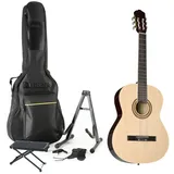 Almeria Konzertgitarren Set, 4/4 Gitarre mit Zubehör, Hochglanz Finish, Selected Hardwood Hals, Composite Griffbrett, 19 Bünde, Gold Hardware