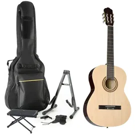 Almeria Konzertgitarren Set, 4/4 Gitarre mit Zubehör, Hochglanz Finish, Selected Hardwood Hals, Composite Griffbrett, 19 Bünde, Gold Hardware