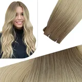 Fshine Tressen Echthaar 50cm 25g Haarverlängerung Echthaar Tressen zum Einnähen Haartressen Echthaar Virgin Sew in Extensions Echthaar Tressen Ombre Hellbraun bis Blond R8-T60