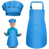 kissral Kinder Schürze und Kochmütze Set, Verstellbare Kinder Kochschürze Kinderschürze zum Bemalen Schürze Küchenschürze Bastelschürzen mit Taschen zum Kochen Backen Malen 4-12 Jahre alt L (Blau)