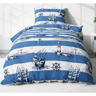 Heubergshop Bettwäsche, Seersucker, 2 teilig, 135x200cm + 80x80cm Leuchtturm Maritime Anker 100% Baumwolle (736-2) blau