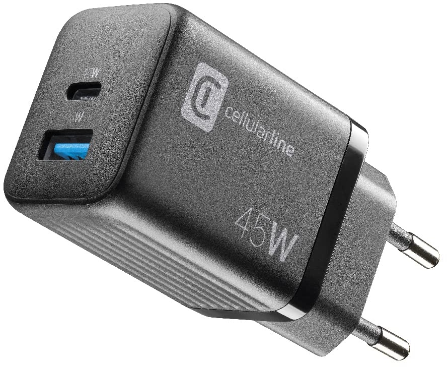 Cellularline | Multipower Micro Netzladegerät | Super Fast Charger 45W mit 2 USB-C-Anschlüssen - ausgestattet mit Gan-Technologie - Kompatibel mit Smartphones, iPhone, Tablet, iPad, Laptop und MacBook