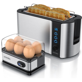 Arendo Frühstücksset, Langschlitz Toaster 4 Scheiben, Eierkocher für 6 Eier, Silber