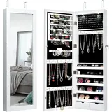 Costway - Led Schmuckschrank Mit Ganzkoerperspiegel, Schmuckregal Tür- Und Wandmontage, Haengender Schmuck Spiegelschrank Für Ringe, Kettenhaken Und Ohrringe Weiss