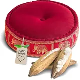 Livasia Meditationskissen mit Thaiseide - Ø 45x15cm - Yogakissen mit Kapok, Pouf, Bodenkissen für Yoga und Zen Meditation, Sitzkissen für Garten und Balkon, Zafukissen (Hellrot/Elefanten Seide)