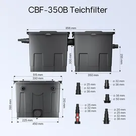 Wiltec SunSun Komplettset: CBF-350B Teichfilter bis 60000 L, NEO10000 SuperECO Teichpumpe 10000l/h 80W, CUV-224 Teichklärer mit 24W, Y-Verteiler