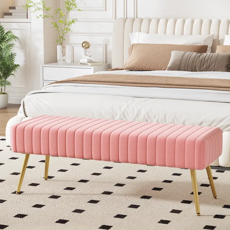 Ckaff Gepolsterte Bank, Bettbank Schlafzimmerbank 113.5x36.5x43cm, Schminkbank Flurbank Fußhocker Schuhbank Esszimmerbank mit Metallbeinen aus Samt für Schlafzimmer Wohnzimmer Flur, Rosa