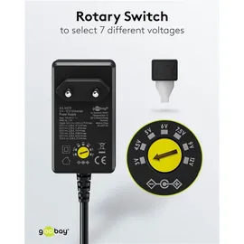 goobay Universal-Netzteil 3 V - 12 V, max. 27 W / DC Wechseladapter / Ersatznetzteil für TV, PC, Router, LED Streifen / Variable Spannung / USB C, USB A, Micro USB / inkl. 11 Adapter/ Schwarz